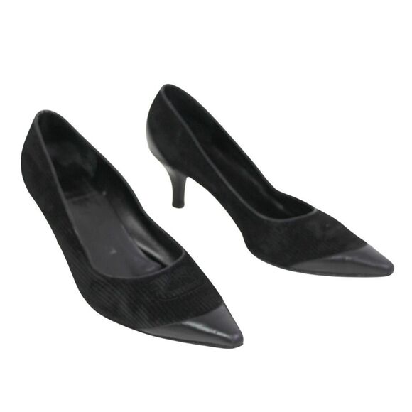 Salvatore Ferragamo BLACK REAL LEATHER VELVET MID HEEL CLASSIC PUMP SHOES 8.5C - Picture 2 of 13